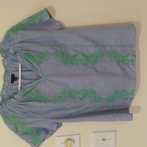 Women's cotton embroidered blue green short sleeve top small summer casual beach